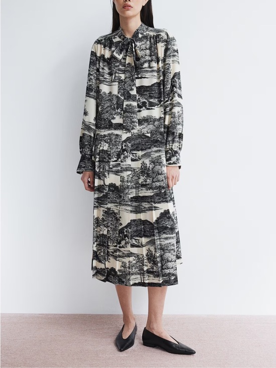 H&M Black and Cream Scenic Print Tie-Neck Midi Dress - Picture 2 of 12